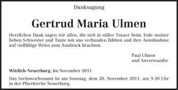 Todesanzeige von Gertrud Maria Ulmen von TRIERISCHER VOLKSFREUND