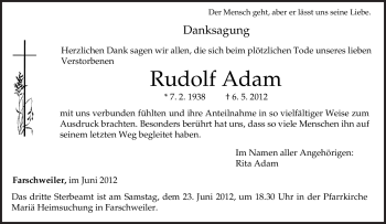 Todesanzeige von Rudolf Adam von TRIERISCHER VOLKSFREUND