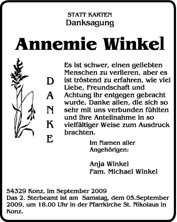 Todesanzeige von Annemie Winkel von TRIERISCHER VOLKSFREUND
