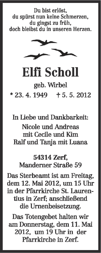 Todesanzeige von Elfi Scholl von TRIERISCHER VOLKSFREUND