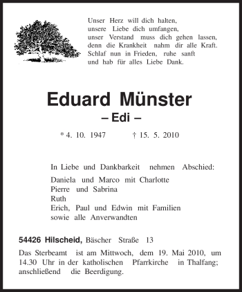 Todesanzeige von Eduard Münster von TRIERISCHER VOLKSFREUND