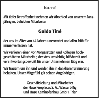 Todesanzeige von Guido Tiné von TRIERISCHER VOLKSFREUND