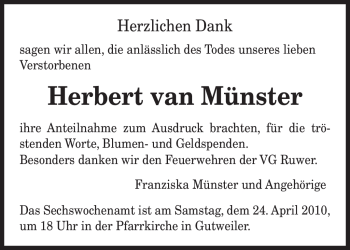 Todesanzeige von Herbert van Münster von TRIERISCHER VOLKSFREUND