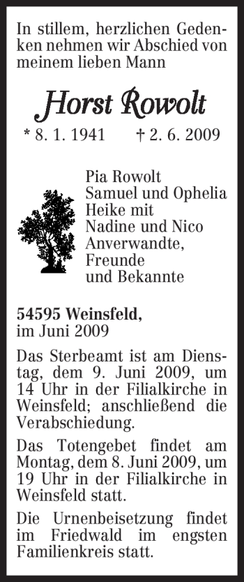 Todesanzeige von Horst Rowolt von TRIERISCHER VOLKSFREUND