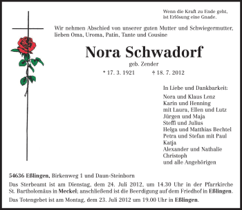 Todesanzeige von Nora Schwadorf von TRIERISCHER VOLKSFREUND