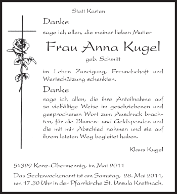 Todesanzeige von Frau Anna Kugel von TRIERISCHER VOLKSFREUND