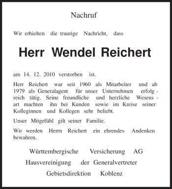 Todesanzeige von Wendel Reichert von TRIERISCHER VOLKSFREUND