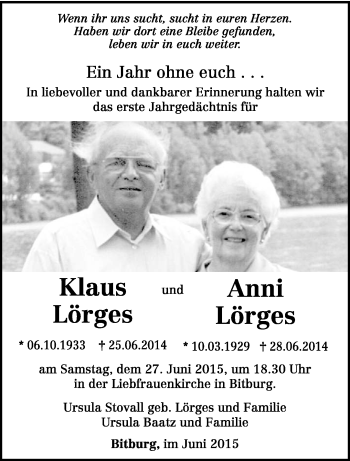 Todesanzeige von Klaus und Anni Lörges von trierischer_volksfreund