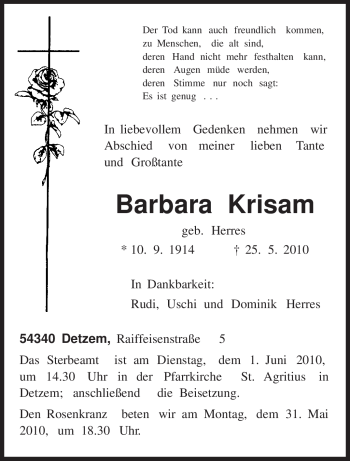 Todesanzeige von Barbara Krisam von TRIERISCHER VOLKSFREUND