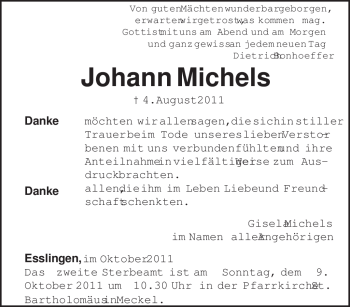 Todesanzeige von Johann Michels von TRIERISCHER VOLKSFREUND