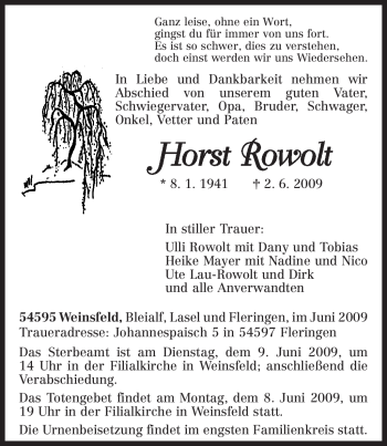 Todesanzeige von Horst Rowolt von TRIERISCHER VOLKSFREUND