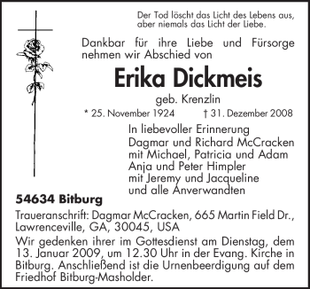Todesanzeige von Erika Dickmeis von TRIERISCHER VOLKSFREUND