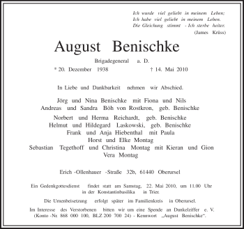 Todesanzeige von August Benischke von TRIERISCHER VOLKSFREUND