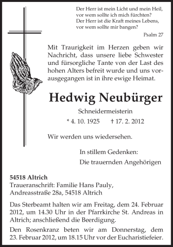 Todesanzeige von Hedwig Neubürger von TRIERISCHER VOLKSFREUND