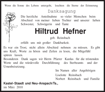 Todesanzeige von Hiltrud Hefner von TRIERISCHER VOLKSFREUND
