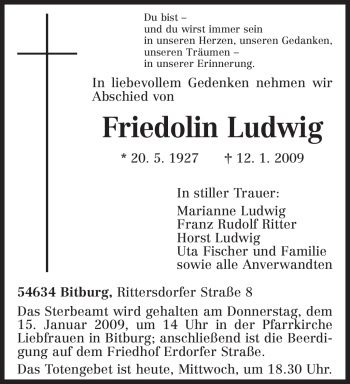 Todesanzeige von Friedolin Ludwig von TRIERISCHER VOLKSFREUND