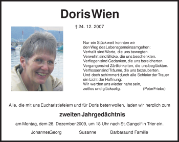 Todesanzeige von Doris Wien von TRIERISCHER VOLKSFREUND