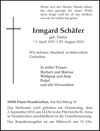 Todesanzeige von Irmgard Schäfer von TRIERISCHER VOLKSFREUND