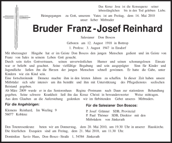 Todesanzeige von Franz-Josef Reinhard von TRIERISCHER VOLKSFREUND