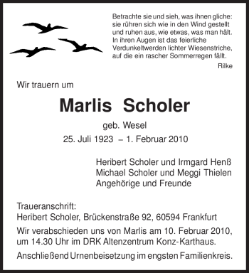 Todesanzeige von Marlis Scholer von TRIERISCHER VOLKSFREUND