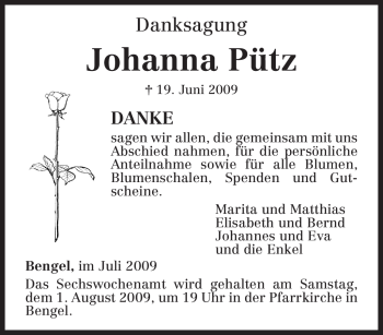 Todesanzeige von Johanna Pütz von TRIERISCHER VOLKSFREUND