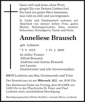 Todesanzeige von Anneliese Brausch von TRIERISCHER VOLKSFREUND