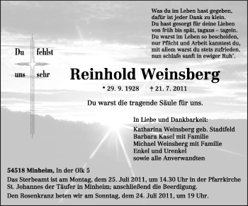 Todesanzeige von Reinhold Weinsberg von TRIERISCHER VOLKSFREUND