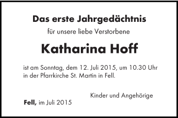 Todesanzeige von Katharina Hoff von trierischer_volksfreund