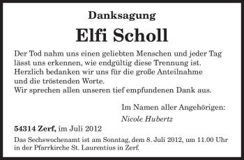 Todesanzeige von Elfi Scholl von TRIERISCHER VOLKSFREUND
