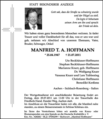 Todesanzeige von Manfred T. A. Hoffmann von TRIERISCHER VOLKSFREUND