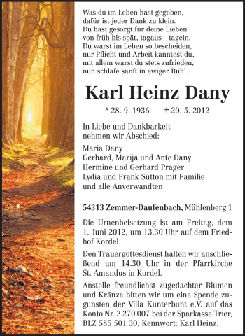 Todesanzeige von Karl Heinz Dany von TRIERISCHER VOLKSFREUND