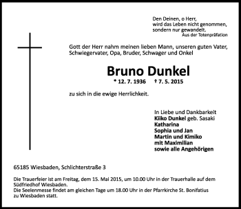 Todesanzeige von Bruno Dunkel von trierischer_volksfreund