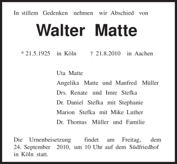 Todesanzeige von Walter Matte von TRIERISCHER VOLKSFREUND