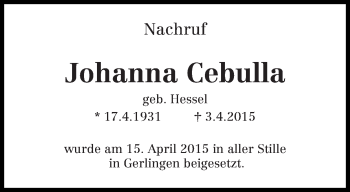 Todesanzeige von Johanna Cebulla von trierischer_volksfreund