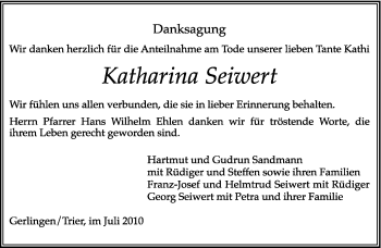 Todesanzeige von Katharina Seiwert von TRIERISCHER VOLKSFREUND