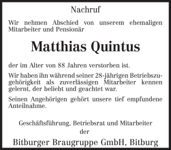 Todesanzeige von Matthias Quintus von TRIERISCHER VOLKSFREUND