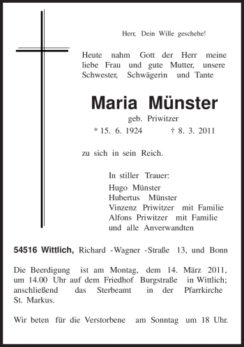 Todesanzeige von Maria Münster von TRIERISCHER VOLKSFREUND