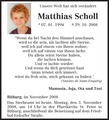 Todesanzeige von Matthias Scholl von TRIERISCHER VOLKSFREUND