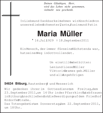 Todesanzeige von Maria Müller von TRIERISCHER VOLKSFREUND