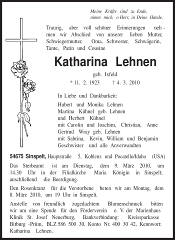 Todesanzeige von Katharina Lehnen von TRIERISCHER VOLKSFREUND