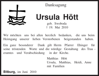 Todesanzeige von Ursula Hött von TRIERISCHER VOLKSFREUND