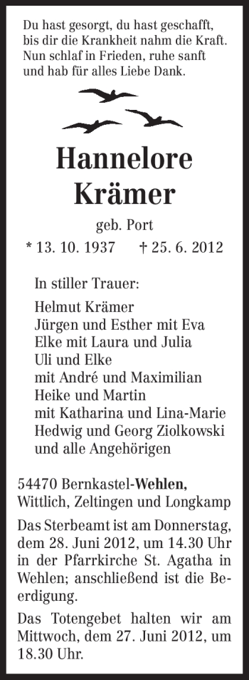 Todesanzeige von Hannelore Krämer von TRIERISCHER VOLKSFREUND