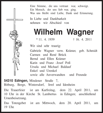Todesanzeige von Wilhelm Wagner von TRIERISCHER VOLKSFREUND