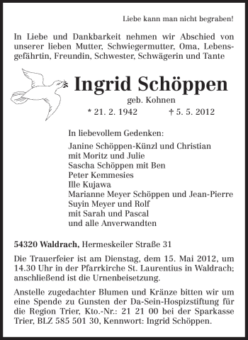 Todesanzeige von Ingrid Schöppen von TRIERISCHER VOLKSFREUND