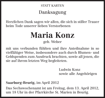 Todesanzeige von Maria Konz von TRIERISCHER VOLKSFREUND