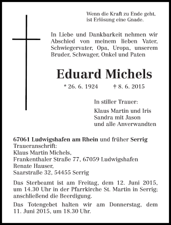 Todesanzeige von Eduard Michels von trierischer_volksfreund