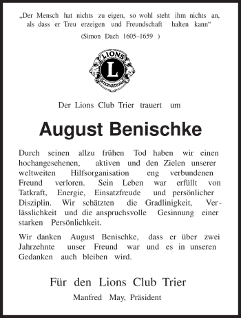 Todesanzeige von August Benischke von TRIERISCHER VOLKSFREUND