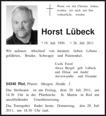 Todesanzeige von Horst Lübeck von TRIERISCHER VOLKSFREUND
