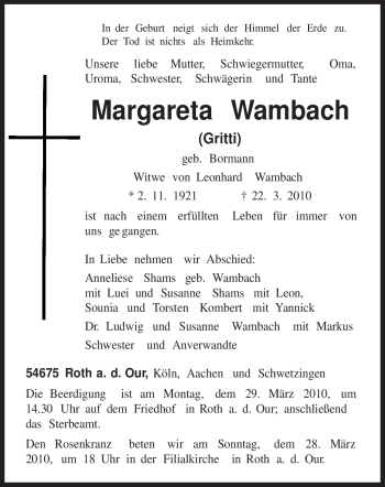 Todesanzeige von Margareta Wambach von TRIERISCHER VOLKSFREUND