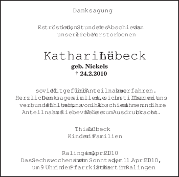 Todesanzeige von Katharina Lübeck von TRIERISCHER VOLKSFREUND